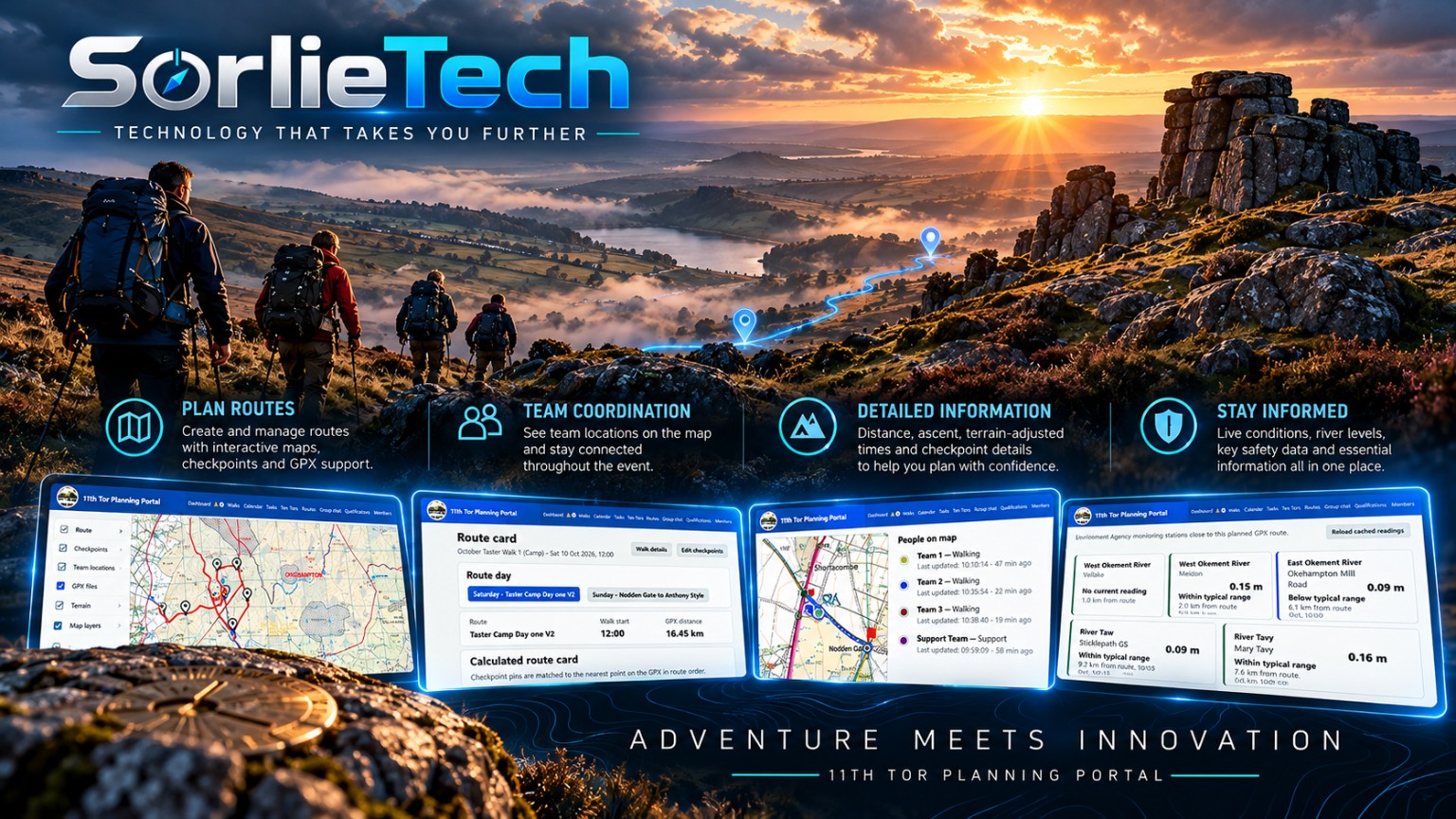 SorlieTech Planning Portal illustrated Dartmoor landscape showing route planning, team coordination, detailed information and safety features